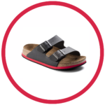 Ikon af sorte Birkenstock sandaler med rød sål fra Sygeplejebutikken