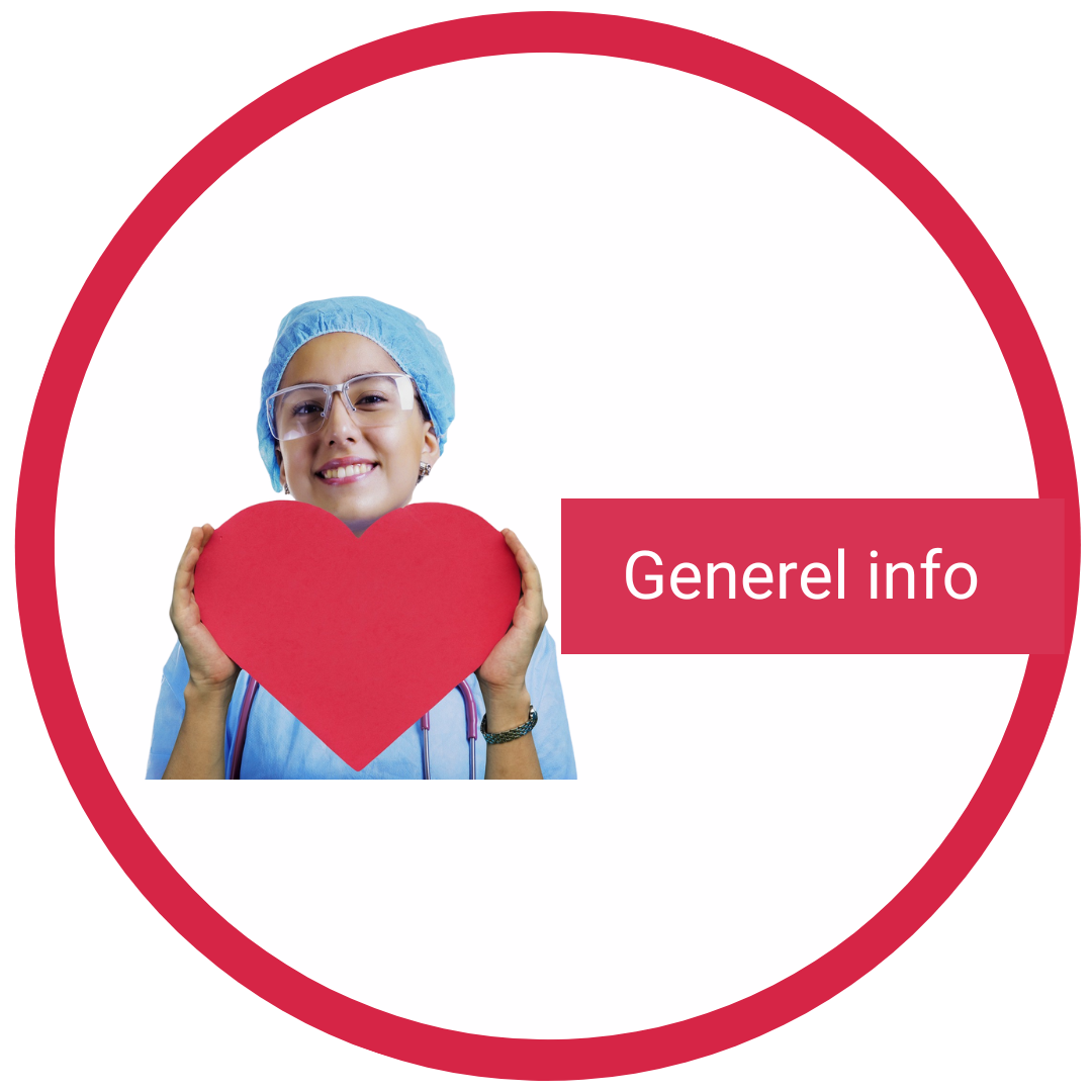 Illustration af sygeplejerske med hjerte og tekst "Generel info" for side om viden.
