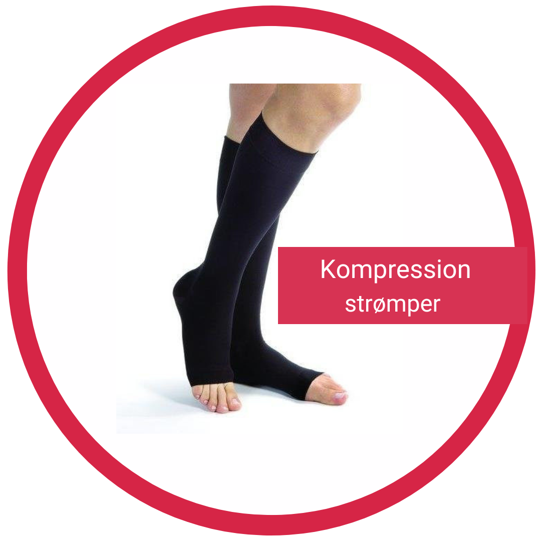 Billede af ben med sorte kompressionsstrømper i rød cirkel, der linker til information om kompressionsstrømper