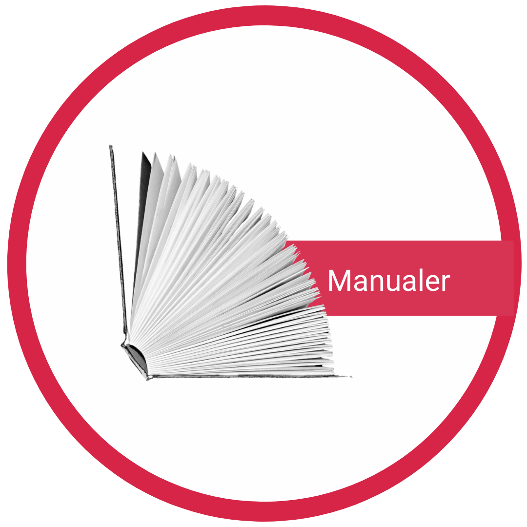 Ikon af åben bog med teksten "Manualer" på Sygeplejebutikken viden side.