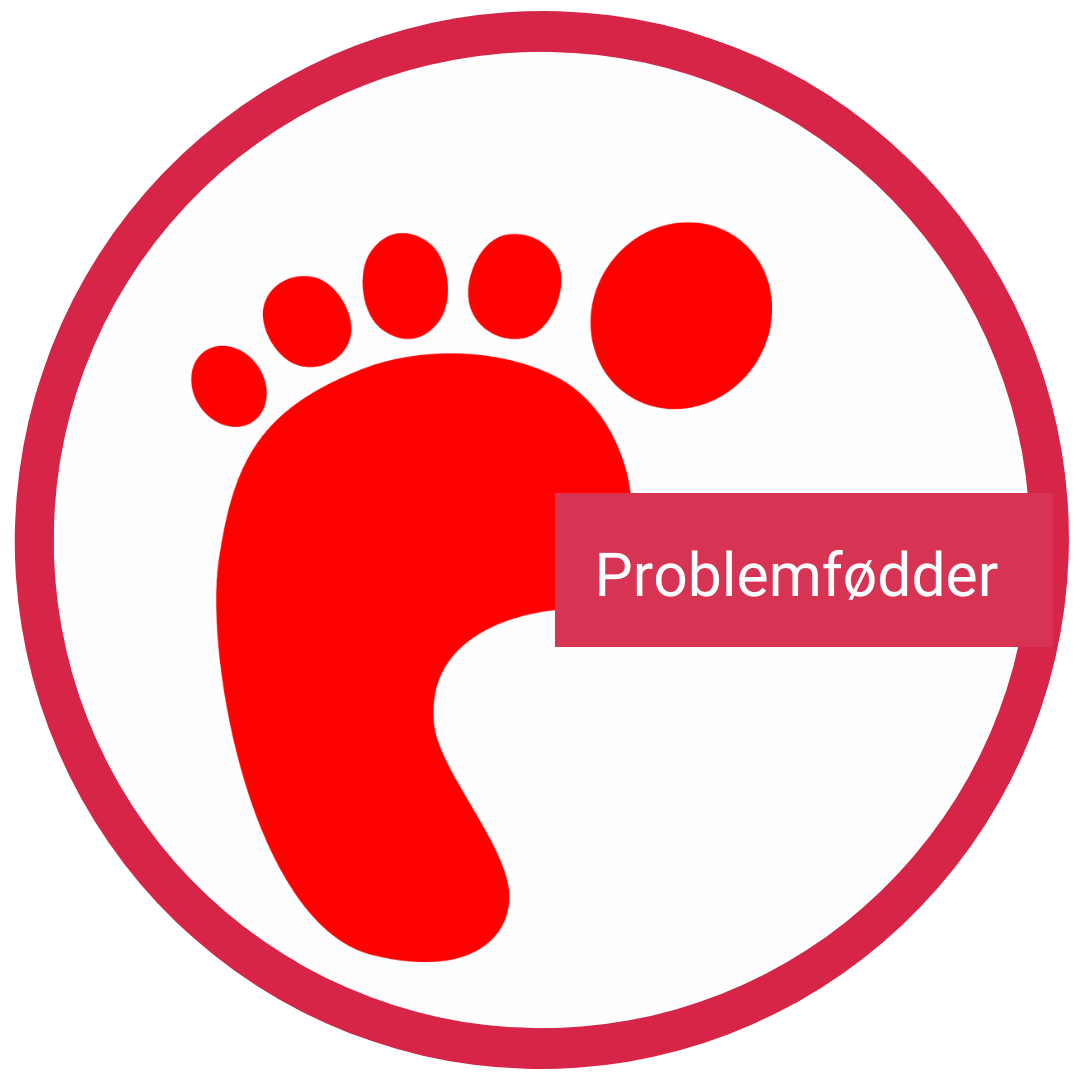 Ikon for problemfødder med rød fod og tekst i rød cirkel til Sygeplejebutikken.
