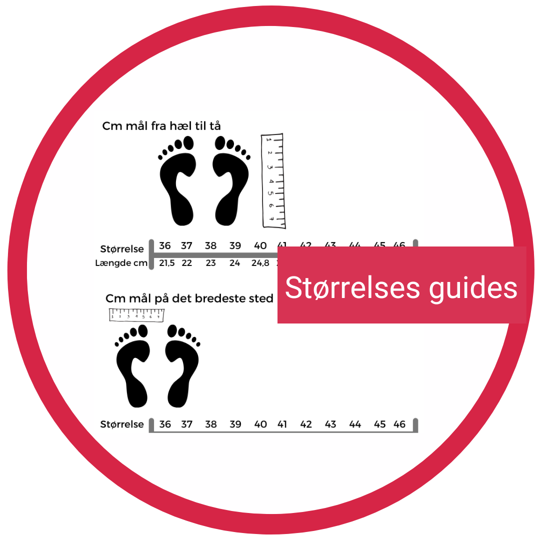 Illustration af størrelsesguide til sko med fod silhuetter og målebånd.