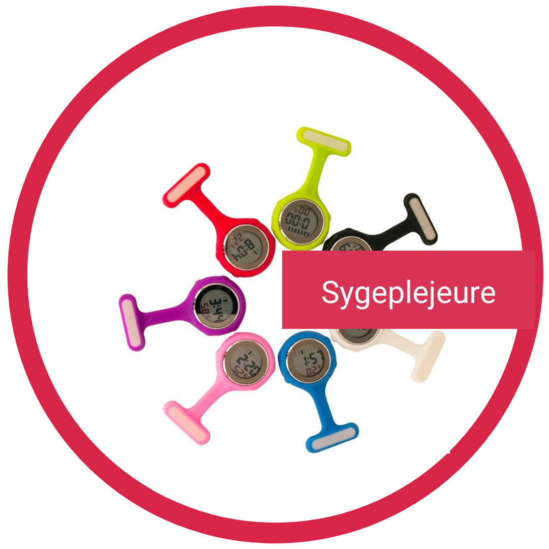 Farverige sygeplejeure i en rød cirkel, der linker til siden om viden om sygeplejeure.
