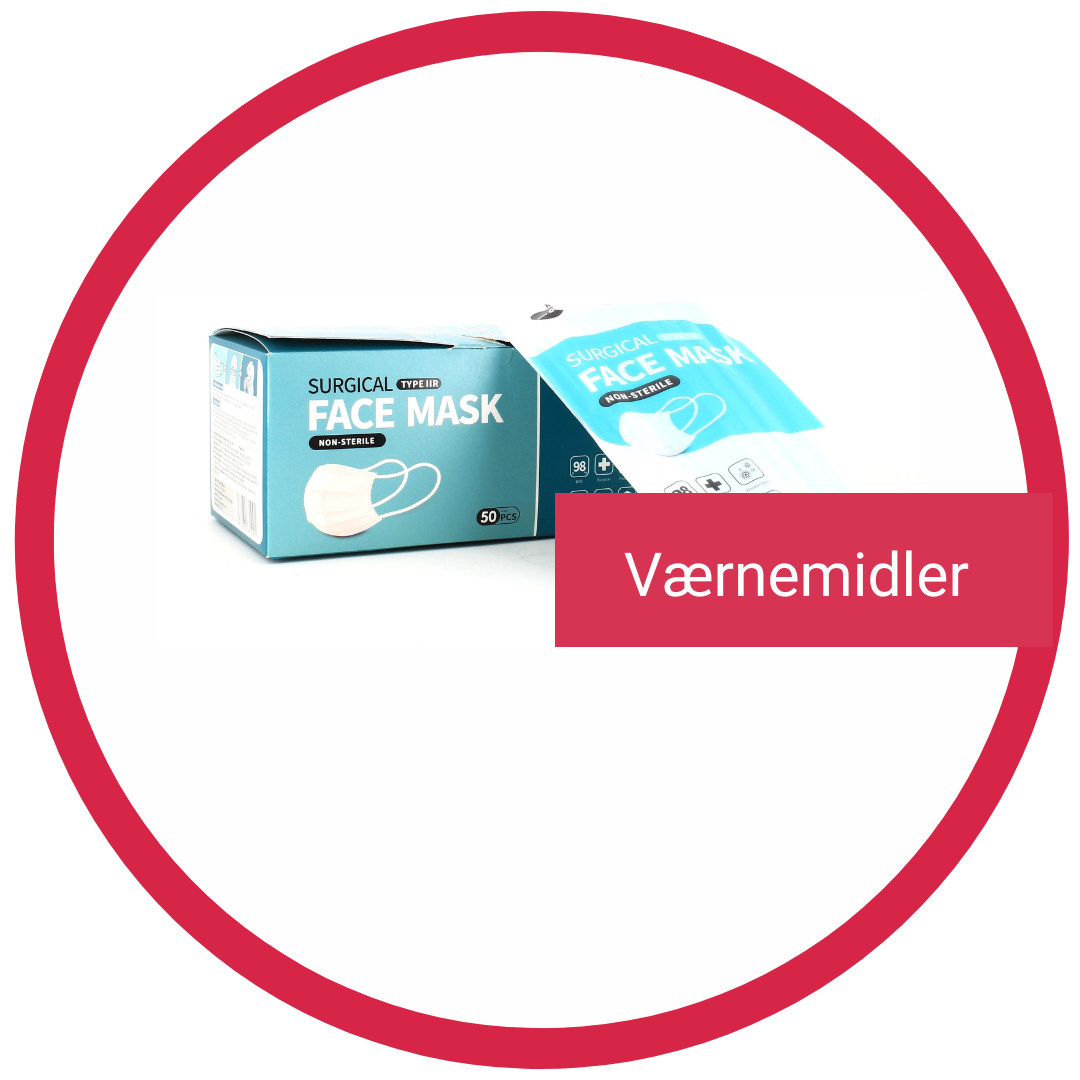 Billede af mundbind med rød cirkel og teksten "Værnemidler" for viden omkring værnemidler.