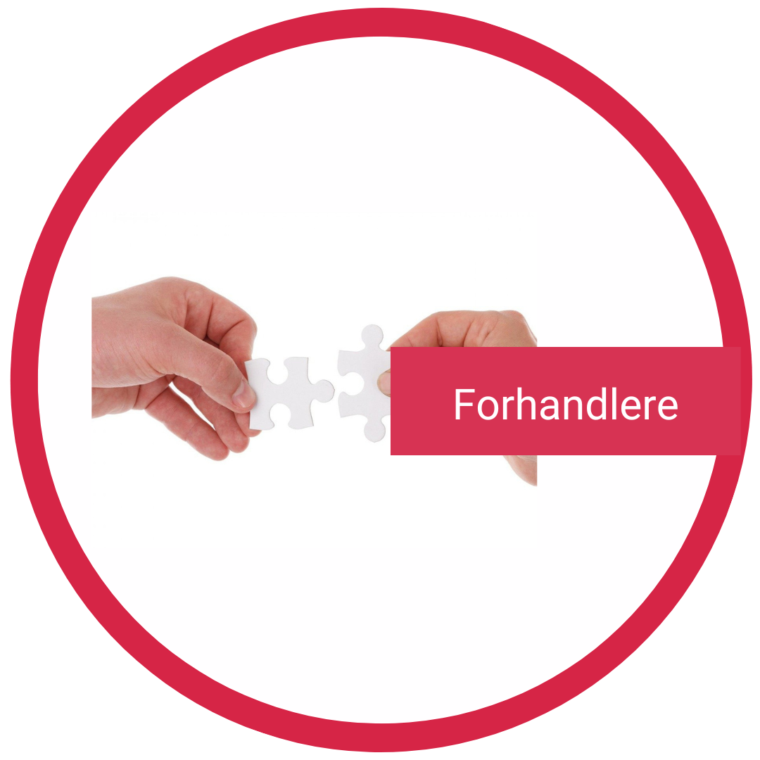 Illustration af hænder der samler puslespilsbrikker med teksten "Vores forhandlere"