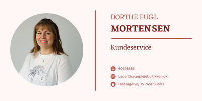 Dorthe Fugl Mortensen, kundeservice medarbejder hos Sygeplejebutikken, portræt med kontaktoplysninger.