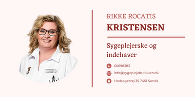 Rikke Rocatis Kristensen, sygeplejerske og indehaver af Sygeplejebutikken, portræt med kontaktoplysninger.