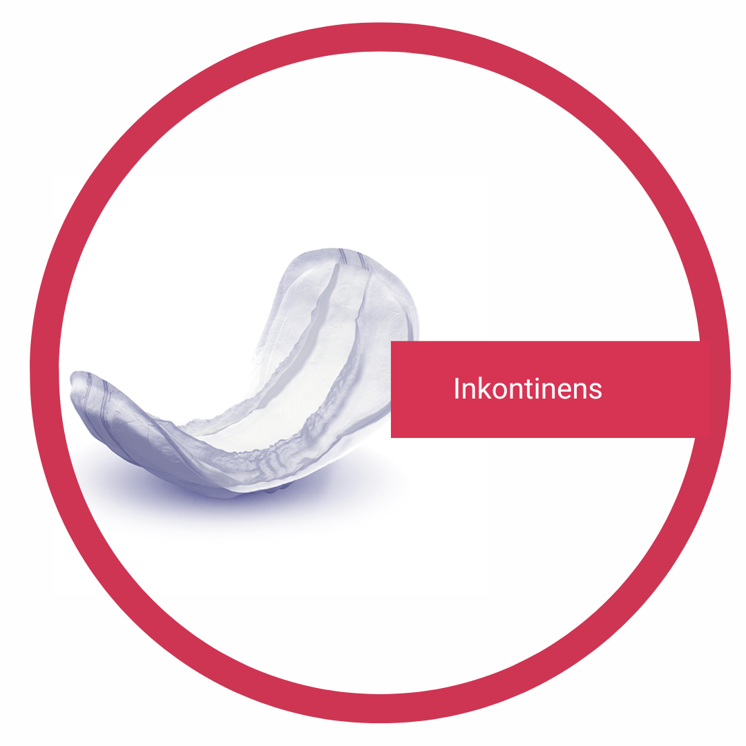 Ikon for inkontinensprodukter med billede af inkontinensindlæg omkranset af rød cirkel.